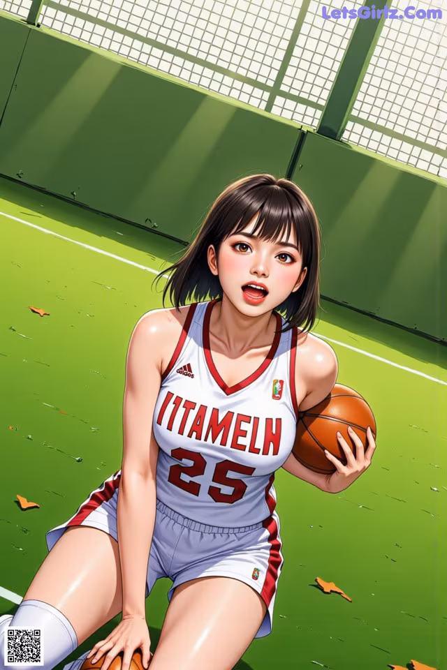 A woman holding a basketball on a basketball court.