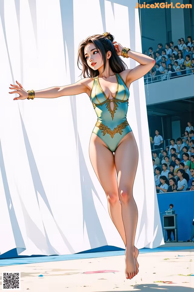 A woman in a bathing suit standing in front of a crowd.