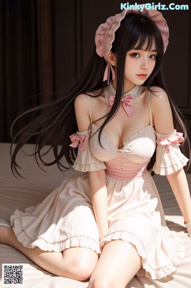 A woman in a pink dress sitting on a bed.