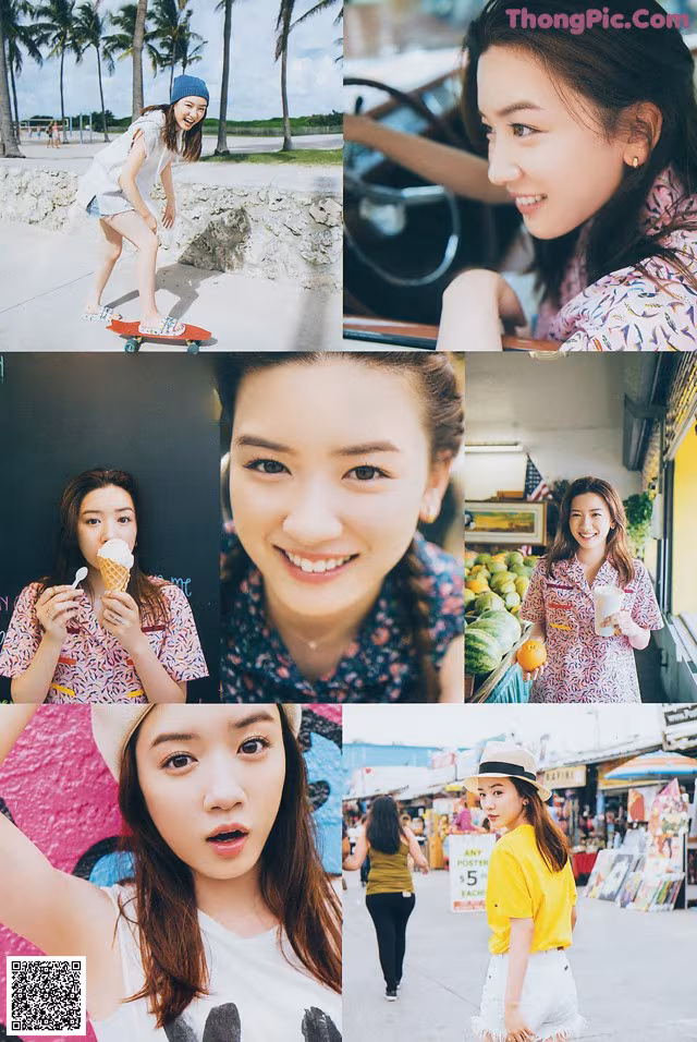 A collage of photos of a woman eating ice cream.