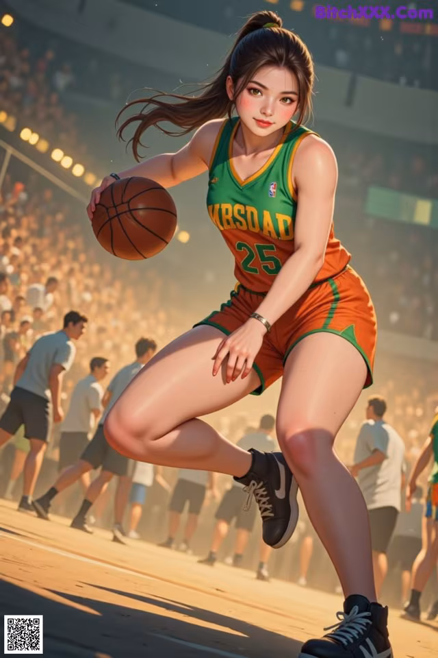 A woman in a green and orange uniform holding a basketball.