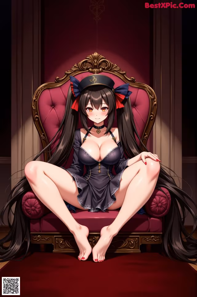 A woman sitting on a red chair with long black hair.