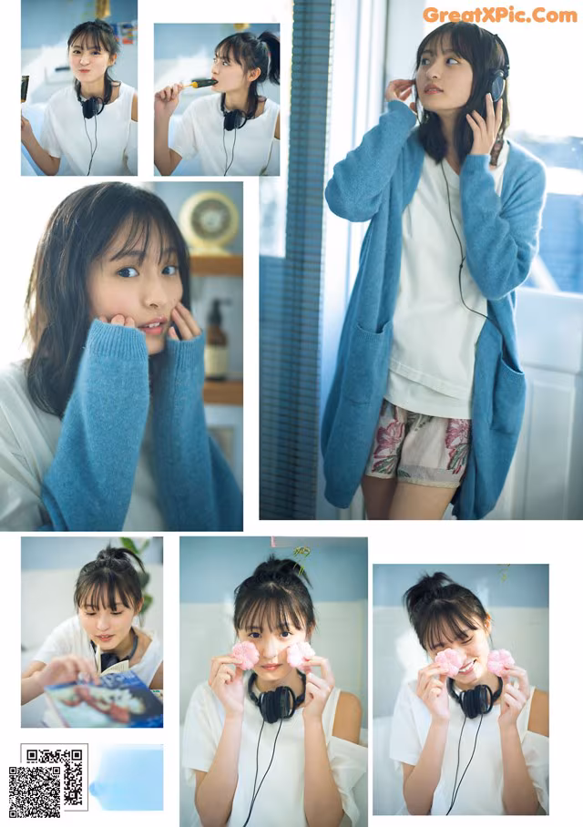 A collage of photos of a woman wearing headphones.