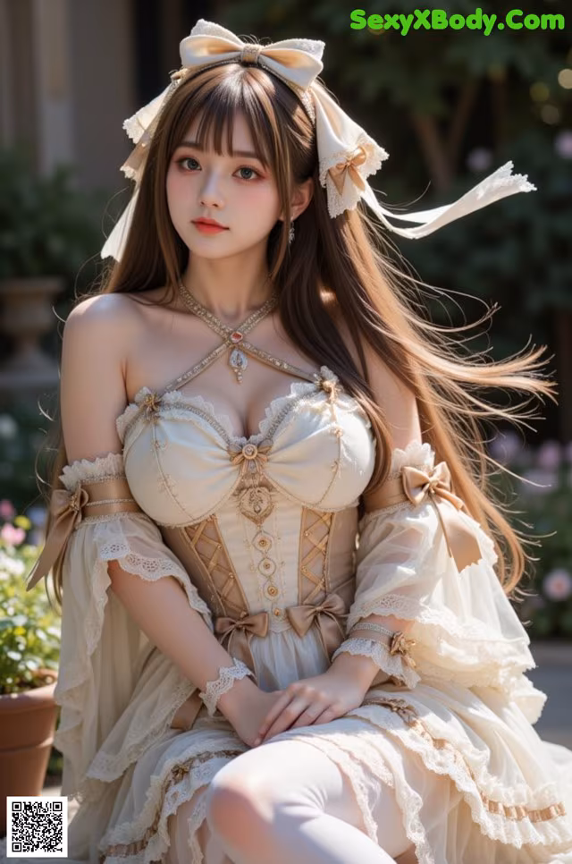 A woman in a white dress sitting on a bench.