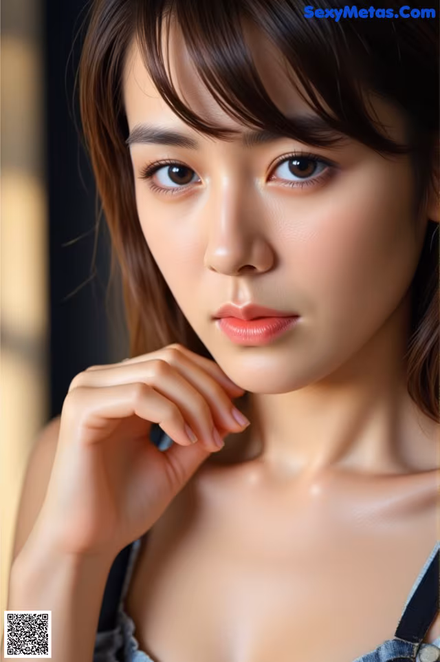 A close up of a woman with brown hair and blue eyes.