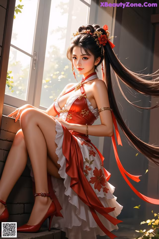 A woman in a red and white dress sitting on a window sill.
