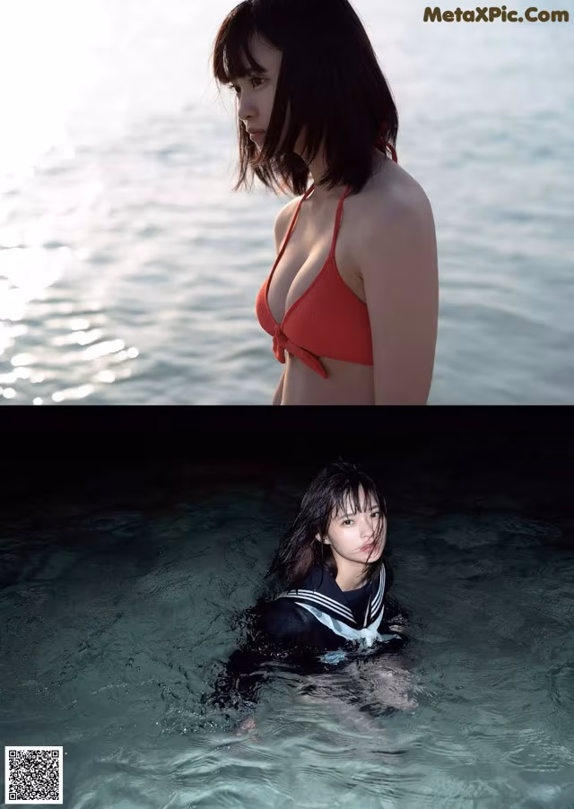 A woman in a red bikini standing in the water.