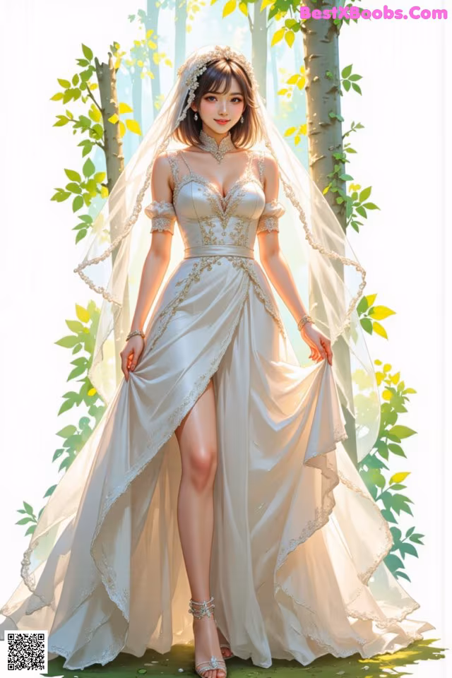 A woman in a wedding dress standing in the woods.