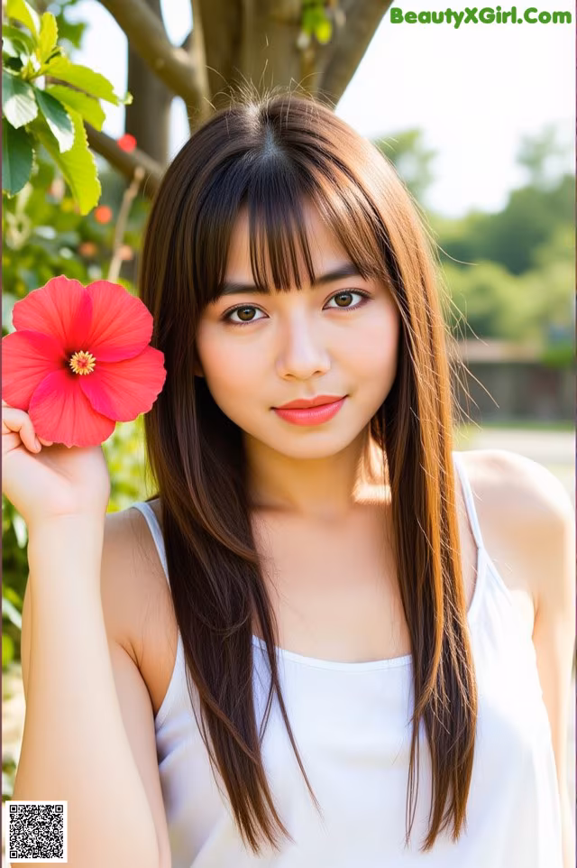 A woman holding a red flower in her hand.