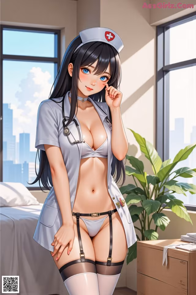 A woman in a nurse outfit is posing for a picture.