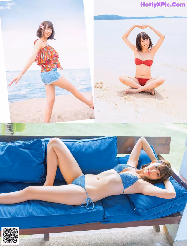 A woman in a bikini laying on a blue couch.