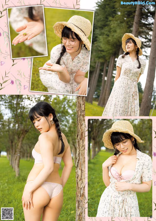A woman in a white dress and a straw hat posing for a picture.