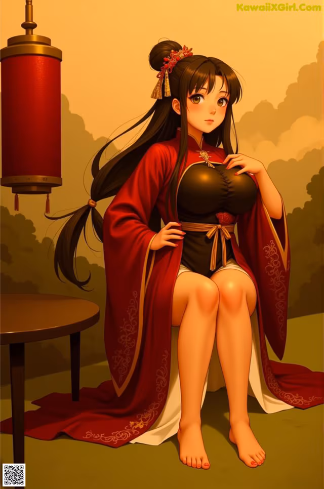 A woman in a red kimono sitting on a table.