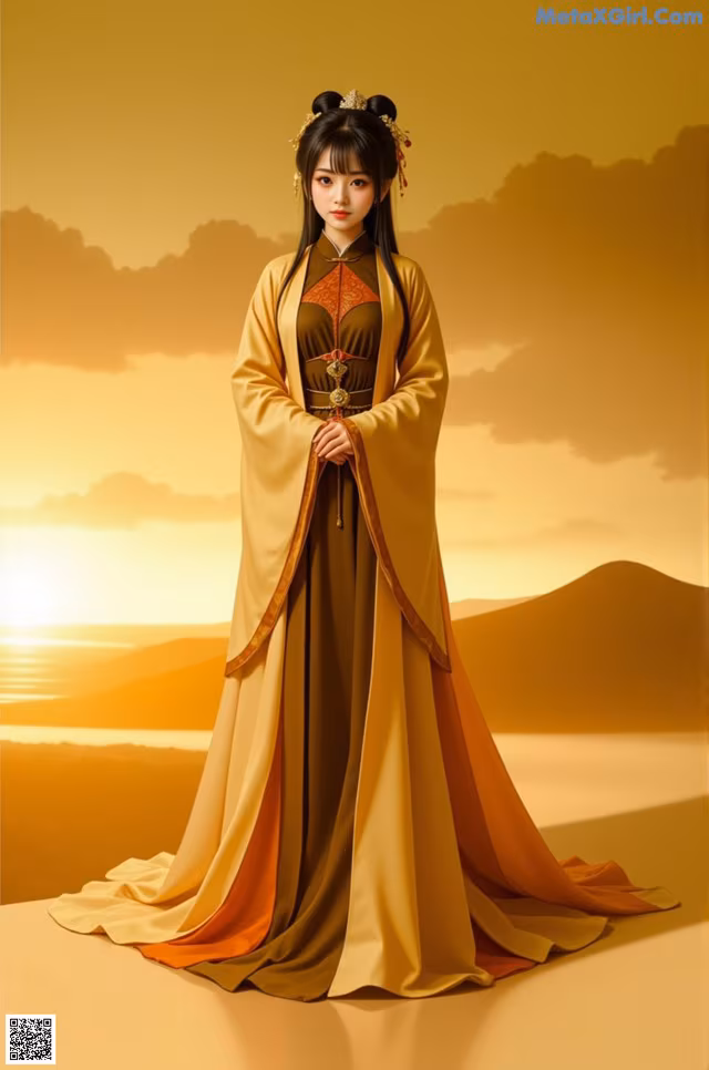 A woman in a yellow and brown dress standing in front of a sunset.
