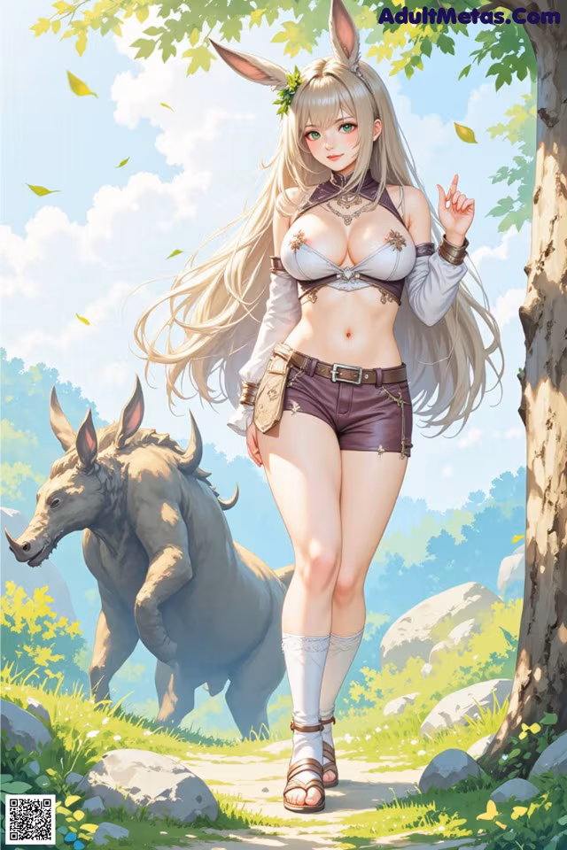 A woman in a bikini standing next to a boar in a forest.