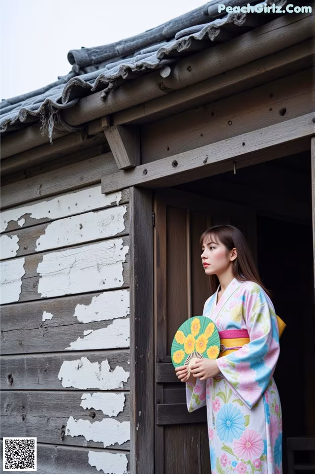 A woman in a kimono standing in front of a wooden building.